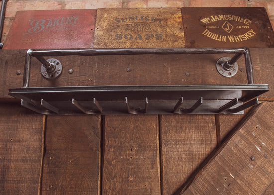 Industrial Metal Shelving With Wine Glass Holders shelving