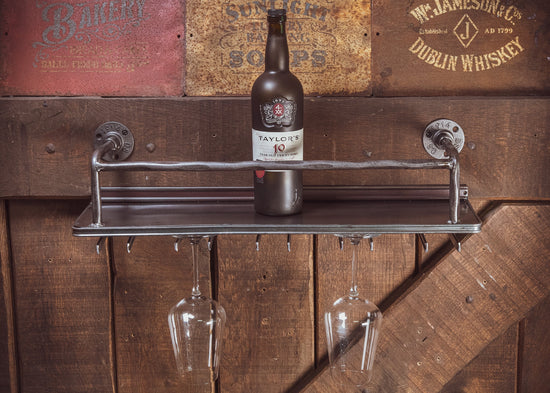 Industrial Metal Shelving With Wine Glass Holders shelving