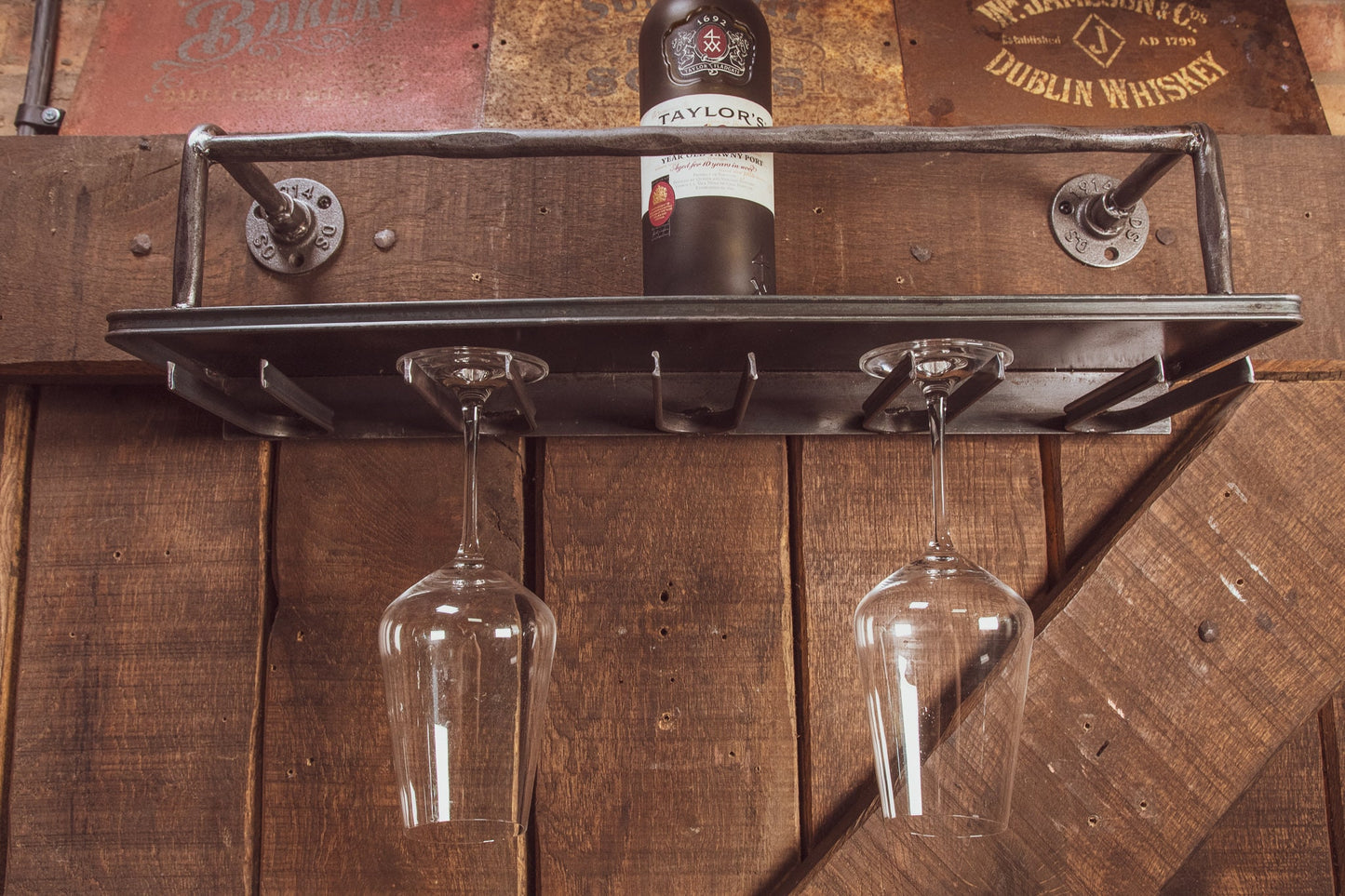 Industrial Metal Shelving With Wine Glass Holders shelving