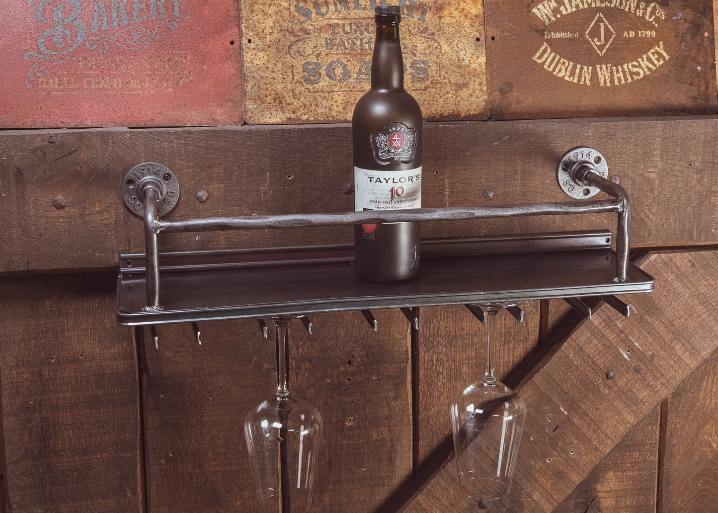 Industrial Metal Shelving With Wine Glass Holders shelving